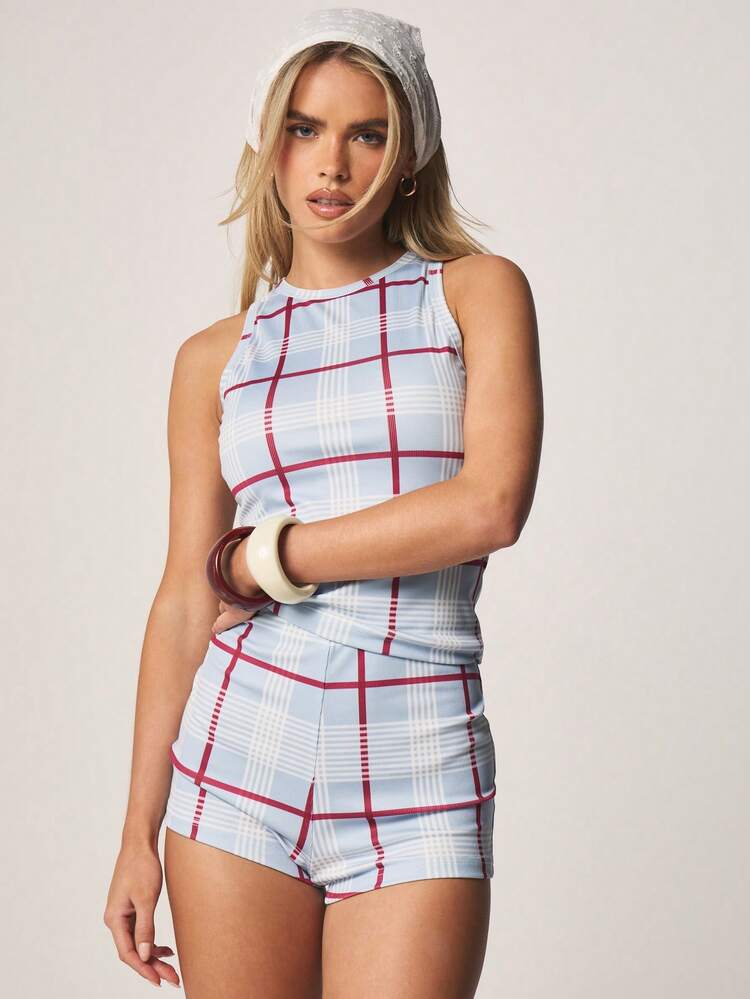 MISSGUIDED Plaid Check Pattern High Neck Tank Top And Hot Pants Matching Co Ord Set Summer Outfit