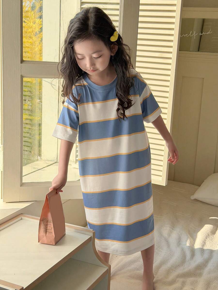 DAZY 女童圆领条纹短袖针织睡衣家居服 - 藍色 - 查看 1