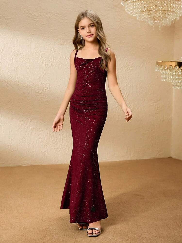 Girls' Elegant Luxurious Fashion Off Shoulder Sleeveless High Waist Long Metallic Foil Black Dress, Shiny Party Dress For Graduation, Prom, Christmas, Performance, Birthday Burgundy Junior Bridesmaid Dress Long Dress Glitter Teens Evening Dress Elegant For Girls Formal Dresses For Women - Burgundy - View 1