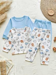 SHEIN Vintaside Kids طقم تي شيرت وبنطلون مطبوع بطبعات حيوانات كرتونية للأطفال الصبيان - بني فاتح - مشاهدة 5