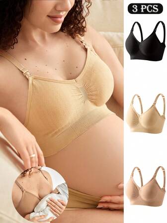 Moonlight & Mama 3件套孕妇纯色褶皱哺乳舒适文胸套装