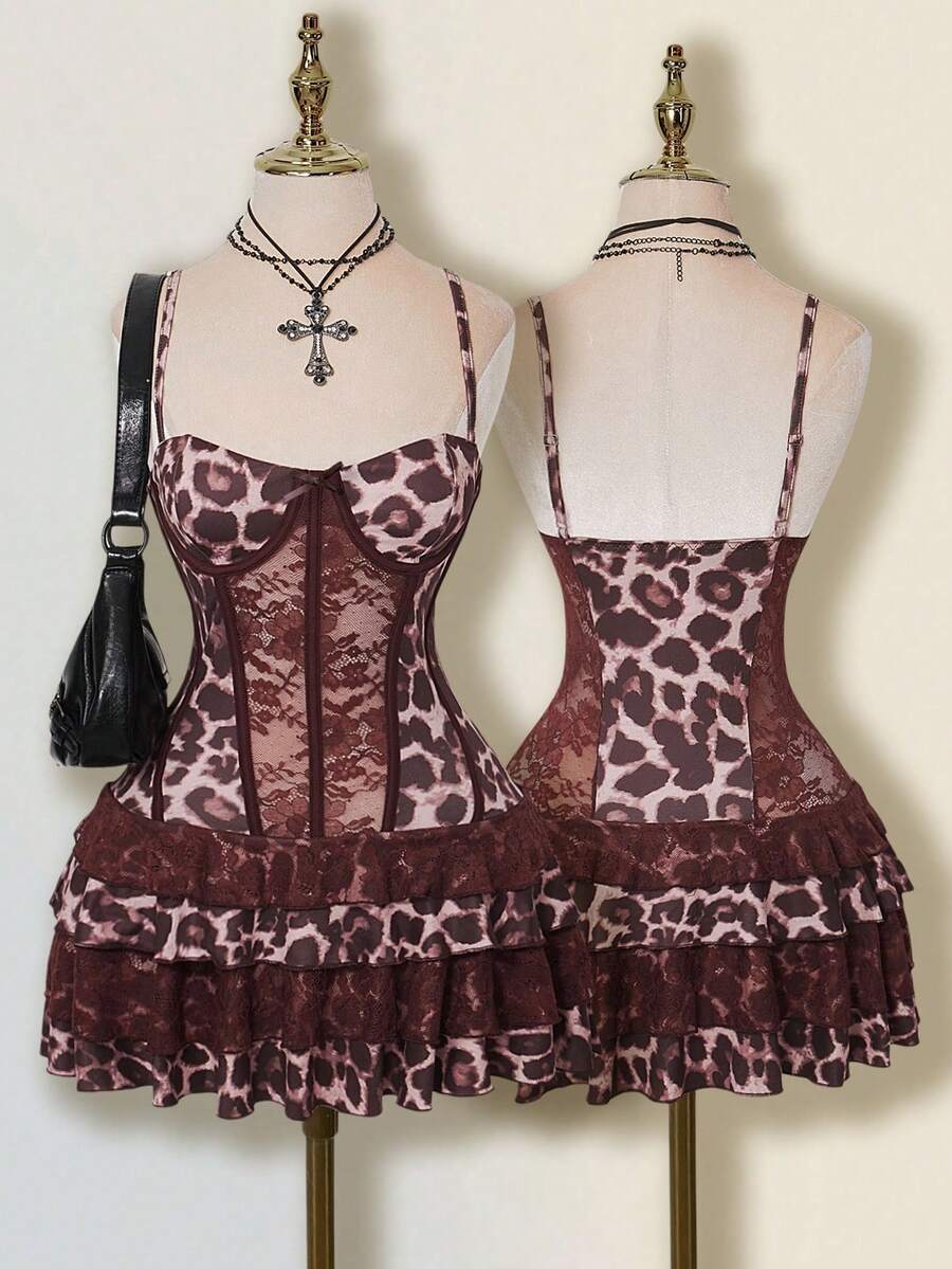 SHEIN ICON Áo crop top họa tiết da báo nâu và váy ngắn xếp nếp ren nhiều lớp - Nhiều màu - Xem 1