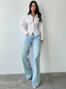 Firerie Camisa de Manga Longa Listrada Azul e Branca Feminina, Camisa com Amarração na Cintura, Camisa Casual para Ir e Vir, Camisa para Férias, Camisa Listrada com Cintura Marcada, Adequada para Primavera, Verão, Outono e Inverno, Elegante, Férias, Boêmia, Traje de Trabalho