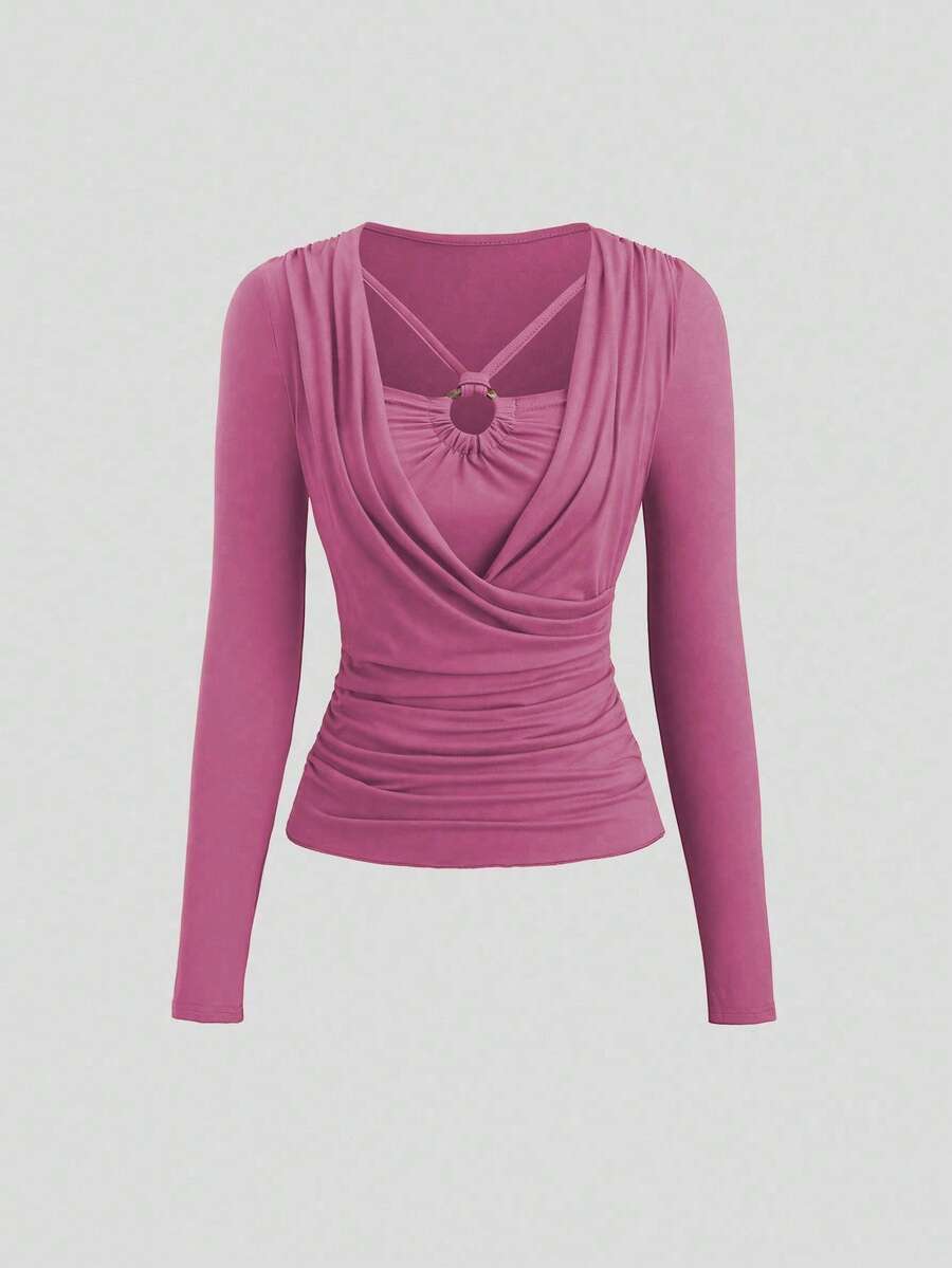 Sweetra 女士纯色圆环连接长袖褶皱休闲T恤 - 玫紅色 - 查看 1