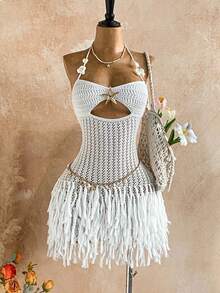 Soleia Women's Sexy Backless Tassel Hem Vacation Knit Dress Vacation Outfits Women Summer Holiday Outfits Summer Dress  Valentine's Day Beach Dress White Dress