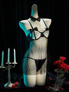 SpicyHot 情人节蝴蝶结拼接性感睡衣三件套 - 黑色 - 查看 6