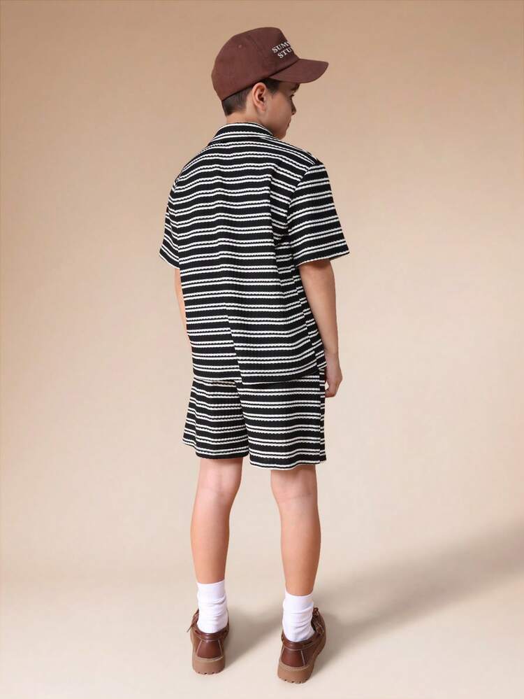 Striped Textured Shirt And Shorts Set