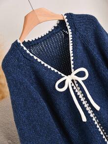 CosyJoli 秋冬大码休闲毛衣配领带蝴蝶结撞色装饰开衫 - 藍色 - 查看 6