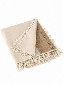 1pc Bohemian Style Tablecloth, Khaki Striped Patchwork, Rectangular With Tassels, Suitable For Kitchen, Dining Room, Living Room, Restaurants, Parties, Weddings, Farmhouse Decor, All Seasons - Khaki - View 9
