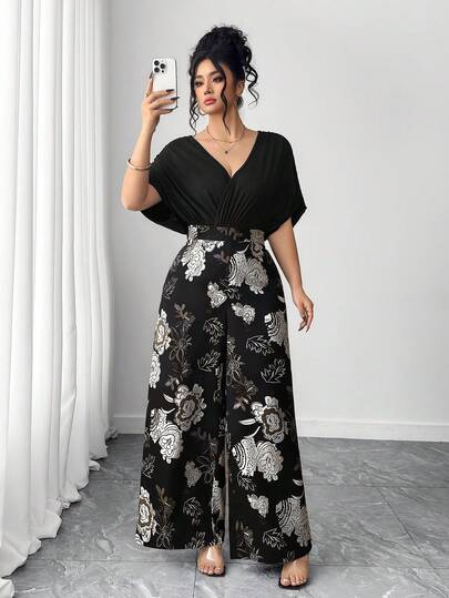 Elenzga Plus Size Solid Color & Printed Patchwork V-Neck Short Sleeve Jumpsuit