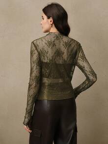 Anewsta 女士蕾丝透视性感拇指孔优雅上衣，适合假日派对穿着 - 軍綠色 - 查看 3