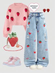 SHEIN Tween Girl Casual All-Match Versatile Cute Strawberry Heart Pattern Comfortable Loose Distressed Ripped Straight Leg Denim Jeans, Suitable For Daily Wearkid's Fall Winter ,New Year,Christmas,For New Year's Eve,Spring Summer ,Streetwear Vintages,Comfortable And Versatile, For 8-12 Years Old Girls, Suitable For School, Home And Travel,Patched Pocket Baggy Casual Versatile Denim Pants - Light Wash - View 4