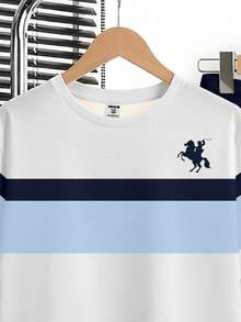 Tween Boy Casual Minimalist, Fashion Classic, Cool Style, Pony Logo, American Retro, Sporty, Color Block, Comfortable Round Neck Short Sleeve T-Shirt And Pants Set, Suitable For Street Style, Home, School