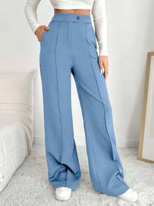 EURMUSE Women's Solid Color High Waist Toothpick Design Pocket Casual/Work Pants - Baby Blue - View 4
