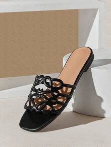 SHUZIA Women's Elegant Floral Cut-Out Slip-On Flat Sandals - Black - View 4