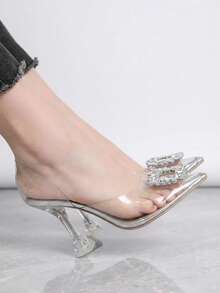 Mujer tacones con adorno brillante punta fina sin cordones tacón transparente estilo elegante uso de fiesta zapatos - Color transparente - Ver 2