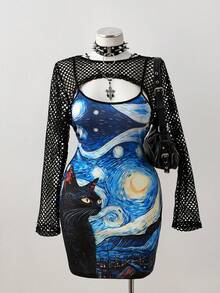 Sunspun Conjunto de 2 piezas: Vestido de talla grande con estampado de Van Gogh de vibra oscura y chal de malla - Multicolor - Ver 1