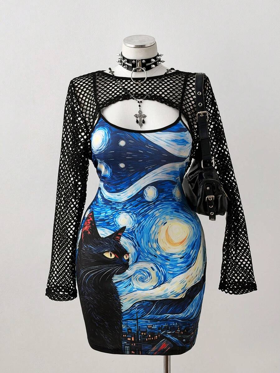 Sunspun Conjunto de 2 piezas: Vestido de talla grande con estampado de Van Gogh de vibra oscura y chal de malla - Multicolor - Ver 1