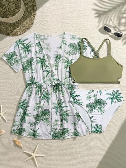 SHEIN Tween Girls 3 PiecesBikini Set, Cute Solid Color Knit Fabric With Green Leaf Pattern, Fashionable Design, Modest Swimwear Suitable For Beach, Swimming, Vacation, Summer Summer Vacation Thermal Christmas Holiday Festival New Years Valentines Swim Palm Tree Print Cover Up Girls Summer Beachwear Tropical Print Bikini Set Vacation Two Piece Swimsuit Two Piece Swimwear Tropical Vacation Outfits Tropical Outfit Beach Outfits For Woman Island Girl Outfit Summer Clothes Set Vacation Two Piece Set Girls Girls Tropical Set Girls 2 Piece Vacation Girls 2 Piece Set 2 Piece Vacation Outfit Girls Tropical Outfit