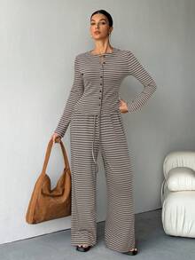 SHEIN Tall 两件套女士休闲条纹印花纽扣T恤和抽绳阔腿裤套装，适合春夏穿着 - 彩色 - 查看 4