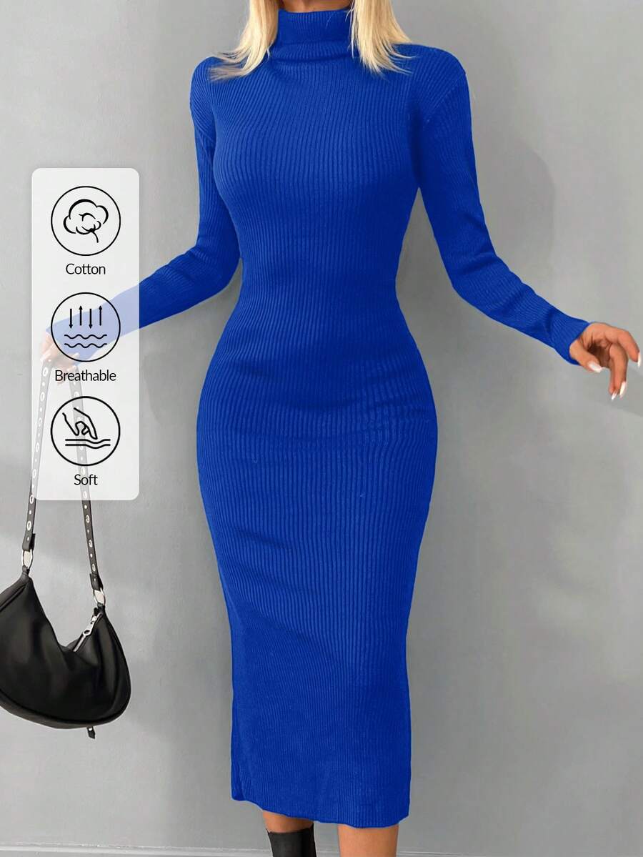 EURMUSE Solid High Neck Bodycon Sweater Dress Without Belt - Blue - View 1