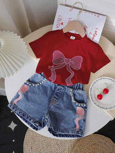 Genkimix Kids Set de 2 piezas: Blusa de manga corta con estampado de mariposa + Pantalones cortos bordados para niñas pequeñas, conjunto de verano