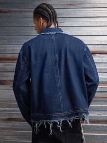 AXEPEAK Men's Distressed Denim Jacket With Frayed Edges, Fashionable And - Blue - View 2