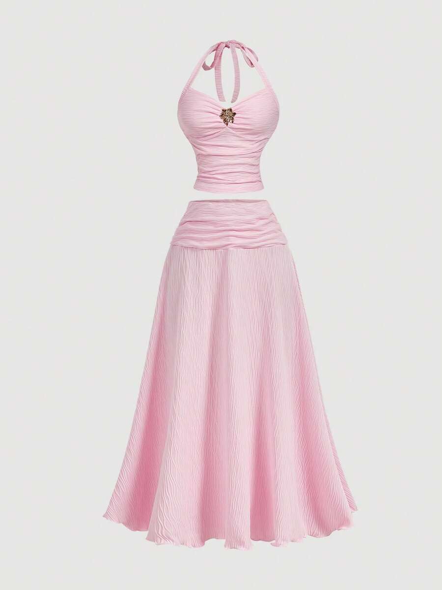 SHEIN MOD 2pcs/Set Women Jacquard Halter Top And Skirt - Baby Pink - View 1