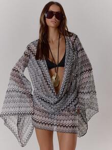 MUSERA 极致垂褶前襟长袖纹理图案钩编条纹迷你连衣裙 波西米亚风 节日 假日 海滩装 夏季度假 可爱 优雅 伊比沙岛 - 彩色 - 查看 2