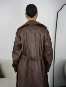 SAYEHFBABY Women Fashion Street Chic PU Leather Lapel Collar Double Breasted Belted Long Trench Coat Fall Winter Cloth For Women - Brown - View 2