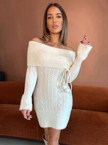 Manon Tanti Off Shoulder Fuzzy Ball Pendant Decor Women Himekaji Sweater Party Dress For New Year, Valentine's Day - Beige - View 4