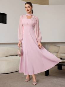 Modelyn Váy dạ hội trang trọng thanh lịch dành cho nữ với tay áo xếp ly, đính hạt 3D trang trí, chắp vá bất đối xứng, thắt eo, dài đến đầu gối - Hồng - Xem 6