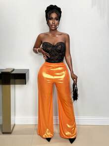 Xyvia Women's Bright Orange Striped Textured Fabric Elegant Chic Birthday Gift, Date, Party, Banquet, Ball, Gathering, Music Festival, Valentine's Day, Labor Day, Easter, Travel, Street Style Spring/Summer Loose Straight Leg Pants, New Arrival Fashion Must-Have Niche Design Versatile - Burnt Orange - View 4