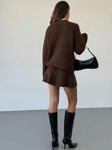 Aloruh Women's Stand Collar Raglan Sleeve Loose Pullover Sweater And Mini A-Line Skirt 2-Piece Set, Vintage Style Knit Outfit For Daily Wear - Coffee Brown - View 2