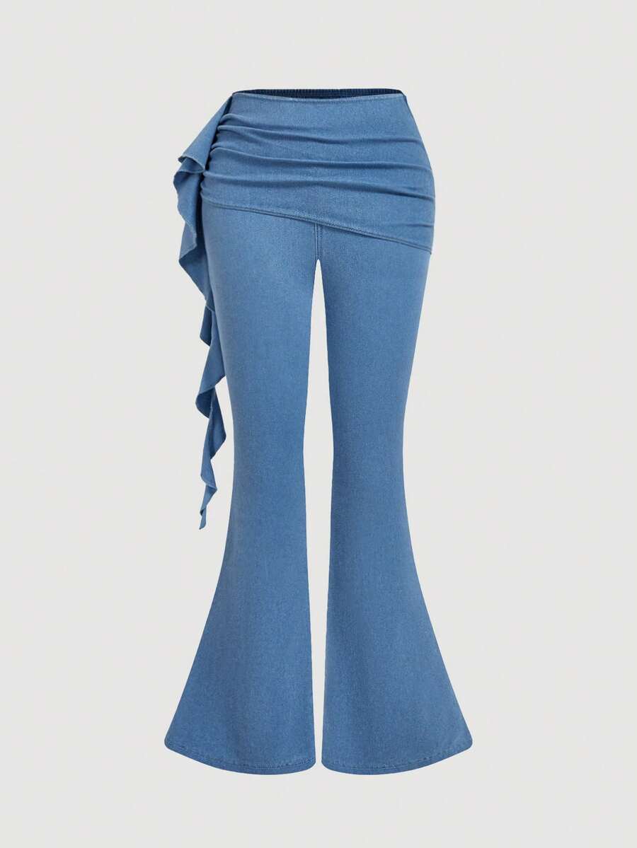 Sweetra Women's Solid Color Fashion Flare Jeans With Ruffle Hem Decoration - Blue - View 1