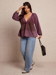 Elaquor Plus Size Women V-Neck Raglan Sleeve Casual T-Shirt - Purple - View 6