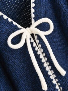 CosyJoli 秋冬大码休闲毛衣配领带蝴蝶结撞色装饰开衫 - 藍色 - 查看 3