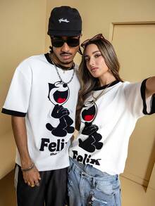 Felix The Cat X SHEIN Áo thun nam cổ tròn tay ngắn in chữ và hình mèo, mùa hè - trắng - Xem 4