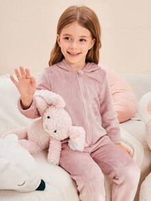 年轻女孩简约时尚粉色恐龙毛绒长袖连帽连体裤舒适保暖家居服 - 粉色 - 查看 4