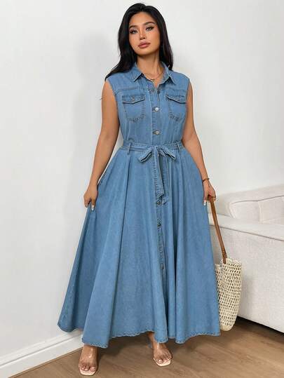 Sunnyshic 大码女式无袖单排扣口袋休闲复古牛仔连衣裙，欧美风格