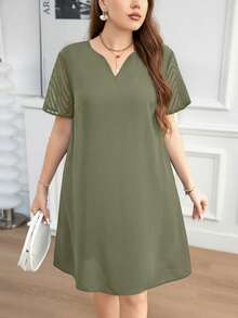 SHEIN Clasi Đầm midi dáng rộng, cổ chữ V, phối lưới, tay ngắn, dành cho nữ cỡ lớn. - Màu xanh Bạc hà - Xem 5