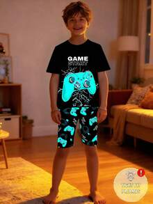 SHEIN Bộ 2 món/Bộ đồ ngủ tay cầm chơi game neon tối giản cổ tròn tay ngắn họa tiết đồ họa cho bé trai tuổi teen, thoải mái, thân thiện với làn da, giản dị, phong cách sinh viên, đa năng, vải mềm, thích hợp mặc hàng ngày, ở nhà, ngày lễ, xuân/hè - màu đen - Xem 4