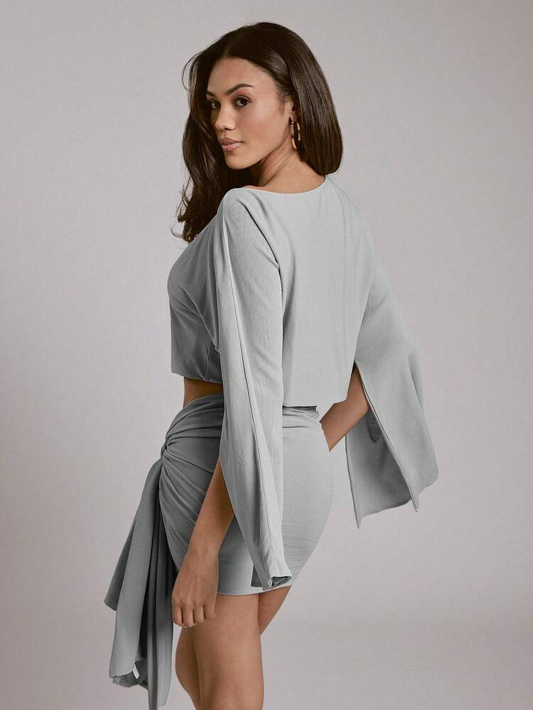 Hauture Conjunto de 2 piezas holgado de verano para mujer con mangas acampanadas asimétricas de hombro y tejido elástico de unicolor - Gris - Añade 5