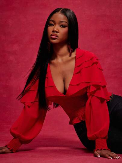 NYA SZN Top Long Sleeve V Neck Plunge Ruffle Shoulder Detail Fitted Red Winter Spring Festive Holiday Spring Break Travel Valentines Day Everyday Casual Date Event Blouse Elegant Outfits For Women