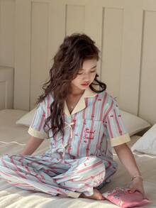 DAZY Tween Girl Striped Cherry Print Bow Decor Short Sleeve Top And Pants Pajama Set - Blue - View 7