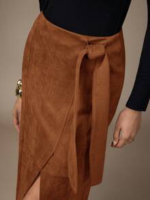 NOVVYNE 女士纯色系带裹身百搭时尚半身裙 - 棕色 - 查看 4