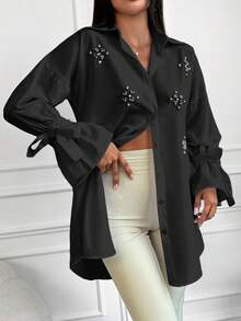 EURMUSE Cotton Pearls Beaded Knot Cuff Drop Shoulder Shirt - Black - View 5