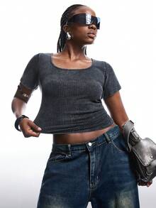 LYSMO Tricou cu mânecă scurtă, cu mânecă scurtă, cu talie încrețită, cu pliuri