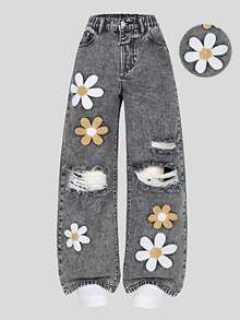SHEIN ChillGRL 少女牛仔裤，秋冬新款，黑灰色，Y2K风格，3D立体花卉刺绣，宽松阔腿，做旧破洞设计，舒适棉质牛仔面料，适合日常穿着、上学和通勤，春夏百搭，适合11-12岁女孩，裤身饰有蝴蝶和花朵图案。 - 灰色 - 查看 5