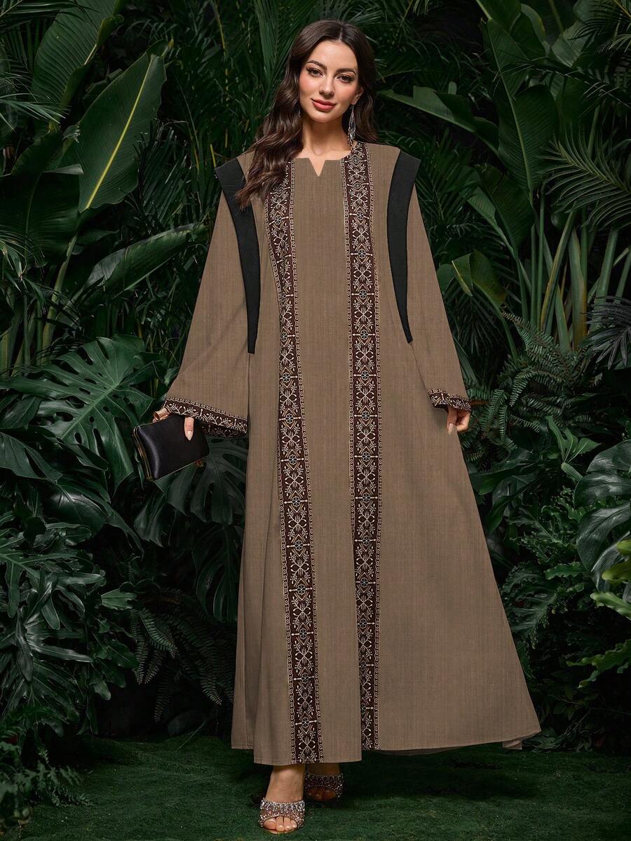 Al Najma 中东沙特阿拉伯服装迪拜V领印花拼接撞色连衣裙 - 咖啡棕 - 查看 1